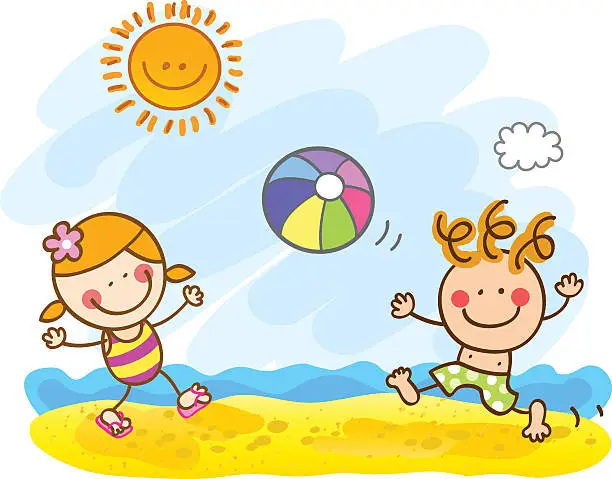Vector illustration of children playing at beach cartoon illustration