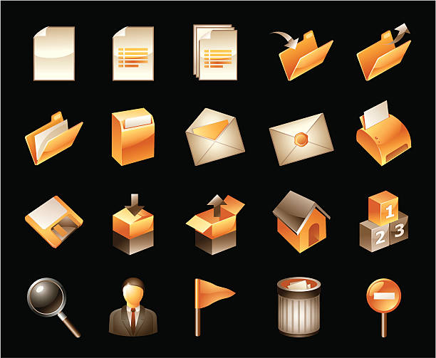 zestaw ikon - black background cardboard box computer icon symbol stock illustrations