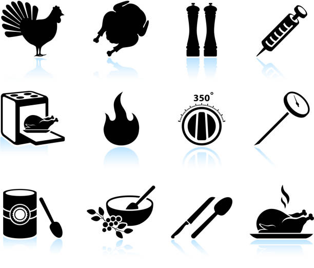 ilustrações, clipart, desenhos animados e ícones de culinária feriado de ação de graças a turquia preto & branco, vector conjunto de ícones - computer icon flame symbol black and white