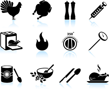 Cooking Thanksgiving holiday turkey black & white icon set