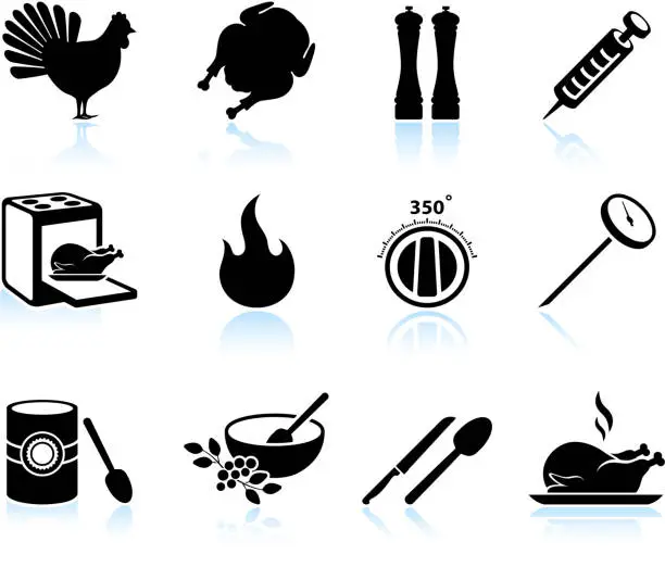 Vector illustration of Cooking Thanksgiving holiday turkey black & white vector icon set