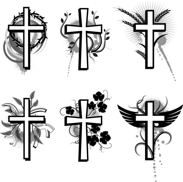 illustrazioni stock, clip art, cartoni animati e icone di tendenza di grunge nero croce collezione & bianco icona vettoriale impostato - christianity cross shape dirty grunge