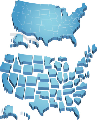 3D extruded map of the US. Individual states.