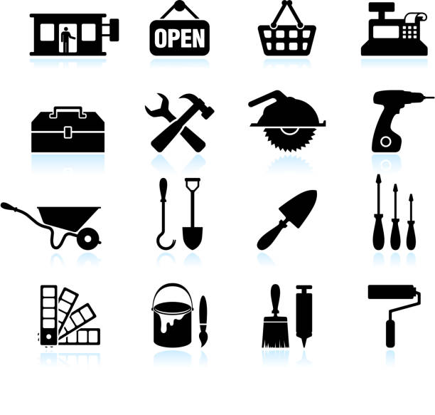 baumarkt schwarz & weiß lizenzfreie vektor icon-set - baumarkt stock-grafiken, -clipart, -cartoons und -symbole