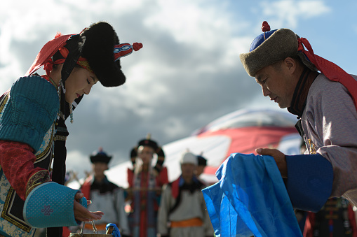 Ulaanbaatar, Tuv, Mongolia - August 12, 2023: Nomads greet. Nomads world cultural festival Mongolia