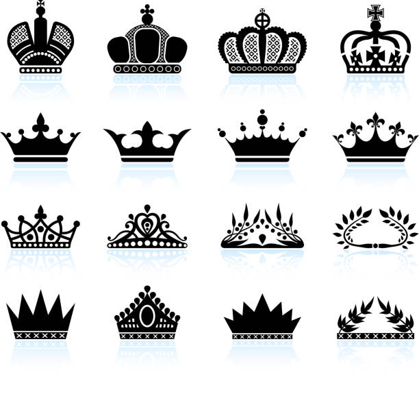 Royal crown and tiara royalty free vector icon set Royal crown and tiara black and white royalty free vector icon set. This editable vector file features interface icons on white Background. The icons are organized in rows and can be used as app icons, online as internet web buttons, in digital and print. Icon download includes vector art and jpg file. The illustration features black vector icons on white Background. App icons are elegant in design and have a modern graphic look and feel.  queen crown stock illustrations