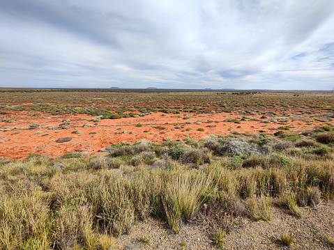 View across sand plains and bushes in the Desert of South Australia.