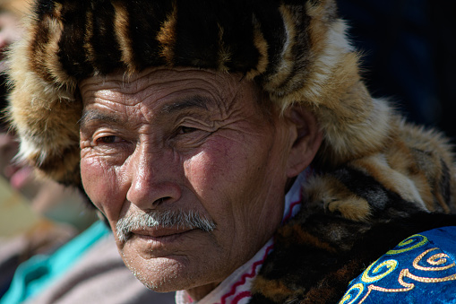 Ulaanbaatar, Tuv, Mongolia - August 12, 2023: Kazakh old man portrait. Nomads world cultural festival Mongolia