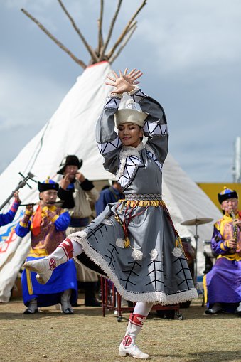 Ulaanbaatar, Tuv, Mongolia - August 12, 2023: Darkhad woman is dancing. Nomads world cultural festival Mongolia