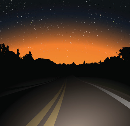 At night the road and the sunset. Vector illustration.