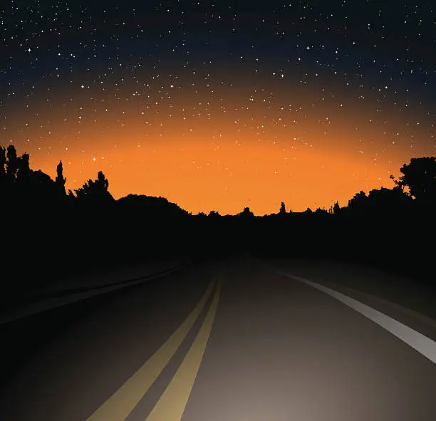 Vector illustration of A unlit road on a dark night with building silhouette