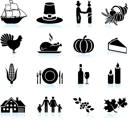 Thanksgiving holiday celebration black & white icon set