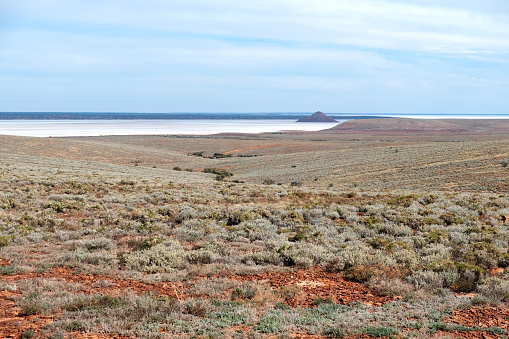 Landscape view at Island Lagoon lookout, a vast salt lake that  borders the Stuart Highway, South Australia.