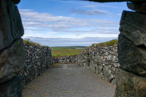 The courtyard of Lewis blackhouse, a 150-year-old dwelling on the Isle of Lewis in the Outer Hebrides of Scotland.