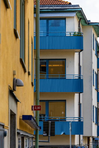 Stockholm, Sweden Colorful 1950s funkis, functional architecture, style facades and balconies in the Gardet district.