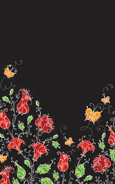 Grunge floral background Ornate bright floral elements isolated on black background with free place for your text. All objects are grouped for easy editing. black and red butterfly stock illustrations