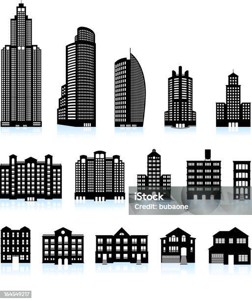 Preto De Edifícios De Imóveis Residenciais Branco Vector Conjunto De Ícones - Arte vetorial de stock e mais imagens de Silhueta