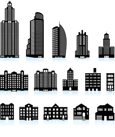 Residential real estate buildings black & white icon set