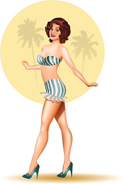 ilustrações de stock, clip art, desenhos animados e ícones de biquíni menina retro - image created 1960s 1960s style beach women