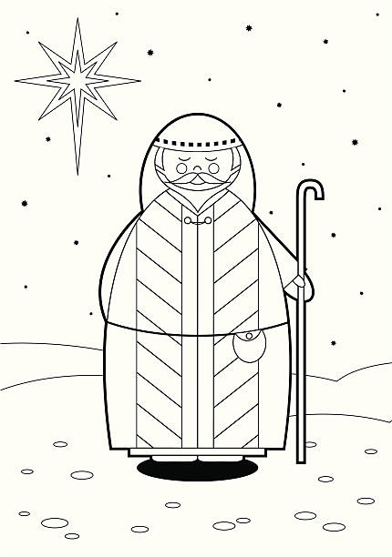 Color In Nativity Shepherd Cute color in Nativity shepherd at Christmas. spirituality smiling black and white line art stock illustrations