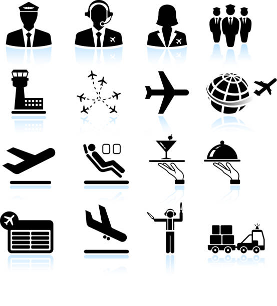 illustrazioni stock, clip art, cartoni animati e icone di tendenza di aeroporto di viaggio e trasferta di icone vettoriali royalty-free - cabin crew