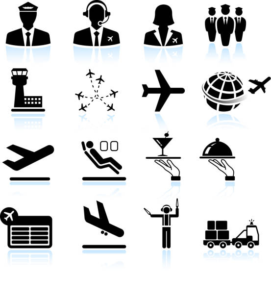 Airport air travel and business trip royalty free vector icons Airport Process black & white icon set crew stock illustrations