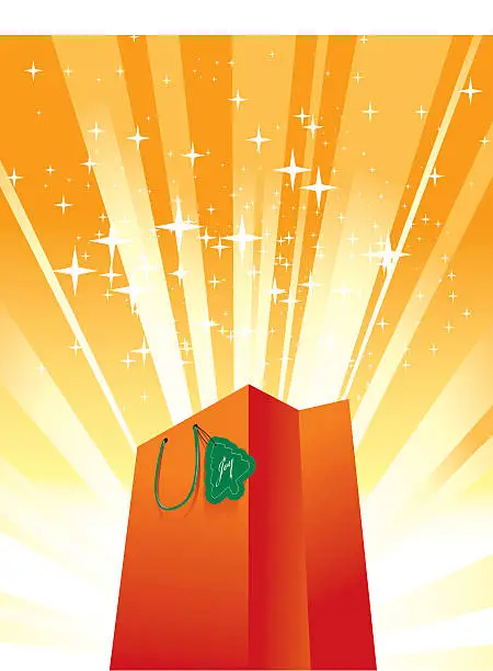 Vector illustration of Bright orange shopping bag surrounded by orange lights