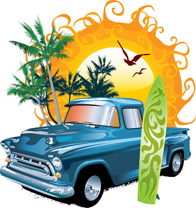 vector illustration of old vehicle and surfboard