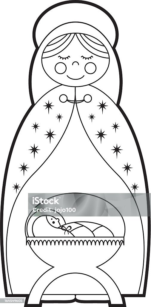 Color In Virgin Mary & Baby Jesus Character Icons Color in Nativity characters - Mary and Baby Jesus Christ in a cot. Coloring stock vector