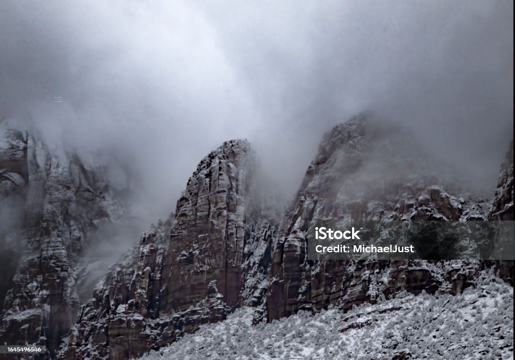 Zion Canyon Winter Fresh snow has fallen in Zion Canyon at at Zion National Park, Utah Landscape - Scenery Stock Photo