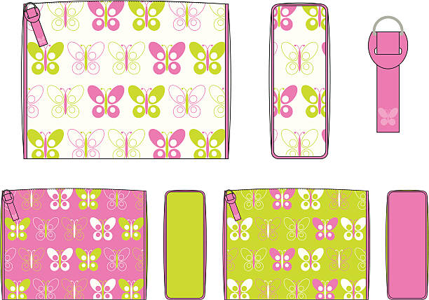 Make Up Bag with Retro Butterfly Print "Ladies make up/beauty bag in different color options, pink, green & white. Fashion flat with front and side view. The retro butterfly print is in a seamless repeat." cosmetic bag clip art stock illustrations