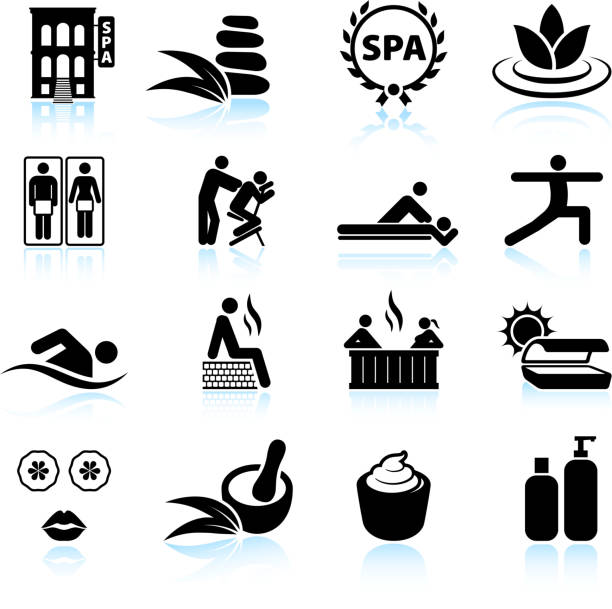 urban spa und entspannung & schwarz-weiß vektor icon-set - whirlpool stock-grafiken, -clipart, -cartoons und -symbole