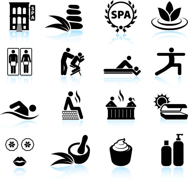 ilustraciones, imágenes clip art, dibujos animados e iconos de stock de urban spa y relajación negro & conjunto de iconos de vector blanco - massaging spa treatment health spa lastone therapy