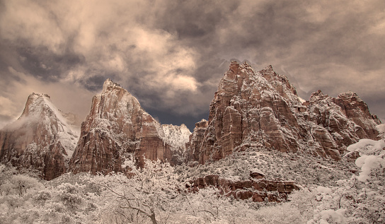 Fresh snow has fallen at the Court Of The Patriarchs  in Zion Canyon at at Zion National Park, Utah