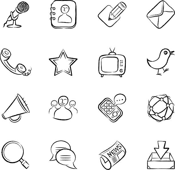 Hand-drawn graphic icons for communication elements handwriting style icon set microphone drawings stock illustrations