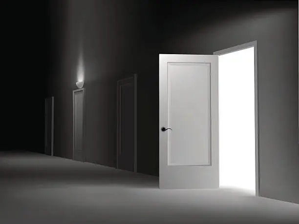 Vector illustration of An empty white room with one open door