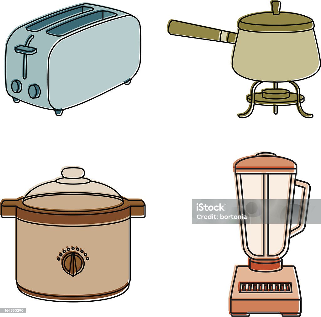 Retro Kitchen Appliance Icons "A set of 4 retro kitchen appliances: toaster, fondue pot, crock pot (slow cooker) and a blender. No gradients were used when creating this illustration." Crock Pot stock vector