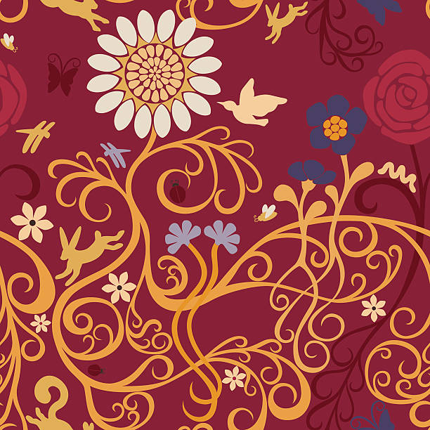 Flora and Fauna seamless pattern "Vector seamless pattern with flowers, insects, and animals." sunflower vine stock illustrations
