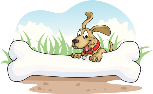 Vector Illustration of a dog leaning over his giant bone. Inside of bone is perfect for copy space. File saved on layers for easy editing.
