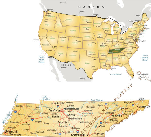 Tennessee "Vector illustration of map of Tennessee wit major roads, rivers and lakes." tennessee map stock illustrations