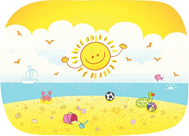 Vector illustration of beatiful summer holiday scene with sun cartoon illustration