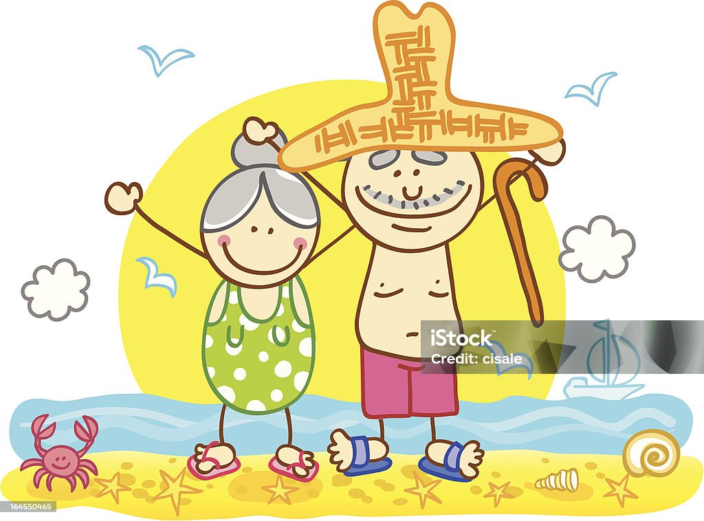 Летний праздник Старший пара на пляже, океан море Мультяшный �иллюстрация - Векторная графика Бессмысленный рисунок роялти-фри