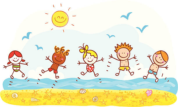 glückliche kinder springen im sommer urlaub strand ocean cartoon illustration - vector sand summer smiling stock-grafiken, -clipart, -cartoons und -symbole