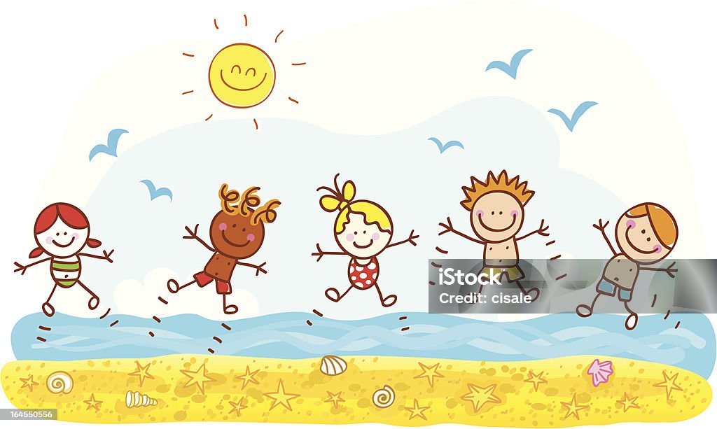 Happy Summer Holiday Kids Jumping At Beach Ocean Cartoon Illustration Stok  Vektör Sanatı & Çocuk'nin Daha Fazla Görseli - iStock