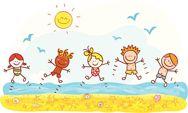 happy summer holiday kids jumping at beach ocean cartoon illustration vector art illustration