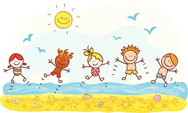 Vector illustration of happy summer holiday kids jumping at beach ocean cartoon illustration