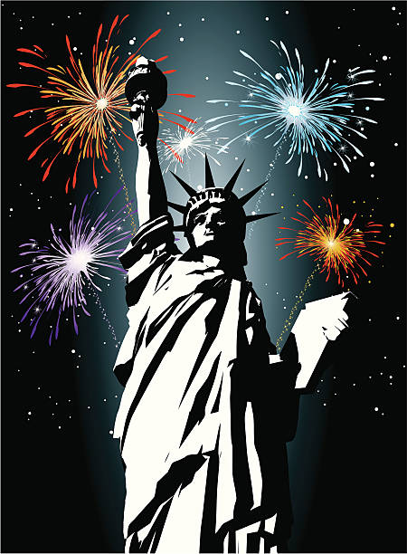 illustrations, cliparts, dessins animés et icônes de statue de la liberté et de feux d'artifice - statue of liberty liberty statue firework display
