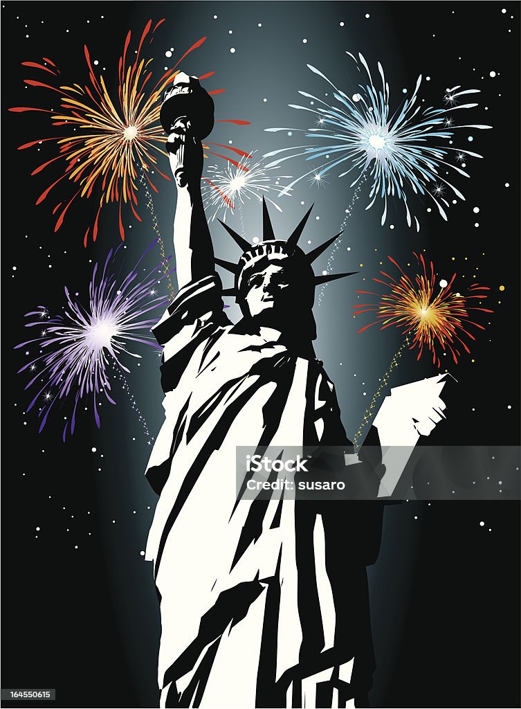 Statua della Libertà e fuochi d'artificio - arte vettoriale royalty-free di Statua della Libertà - New York