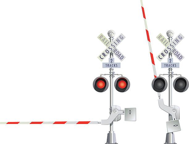 Illustration of two railroad crossing signs in red and white vector illustration of crossing rail road open and closed railway signal stock illustrations