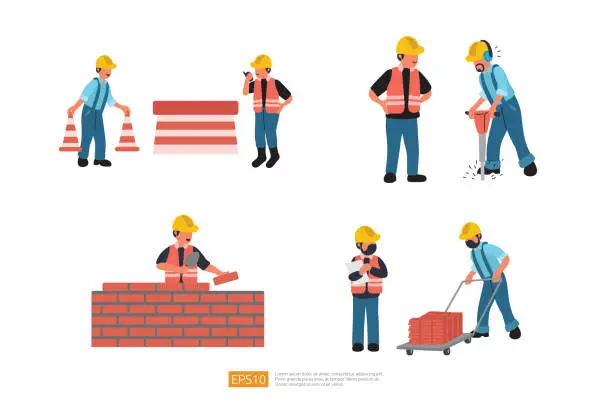 Vector illustration of Construction Builder Character Set. installs fencing warning cones on road, worker drills road surface with jackhammer, Building Brick Wall, Carrying Brick. Vector Illustration of Construction Worker